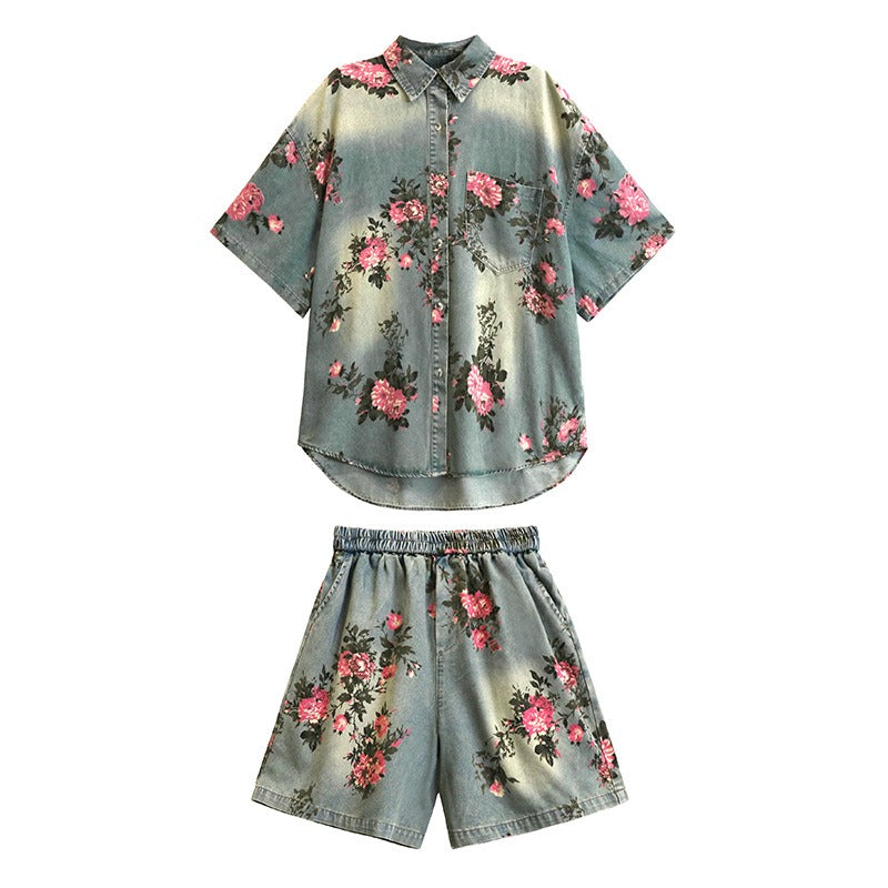 Pre Order: Vintage Floral Shirt + Elastic Waist Shorts Set