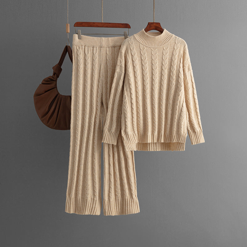 Solid Fried Dough Twists Knit Sweater + Pants Set