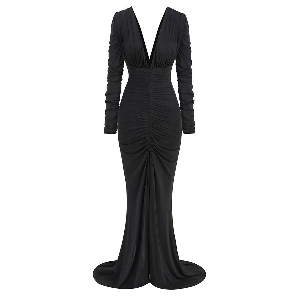 Pre Order:  Pleated Deep V Long Sleeved Fishtail Pleated Dress