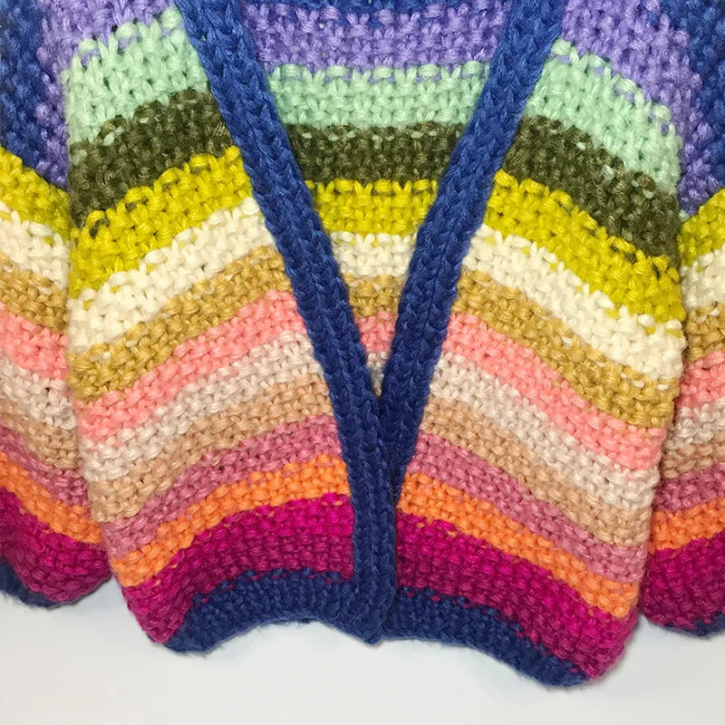 Handmade Rainbow Striped Crocheted Thick Cardigan