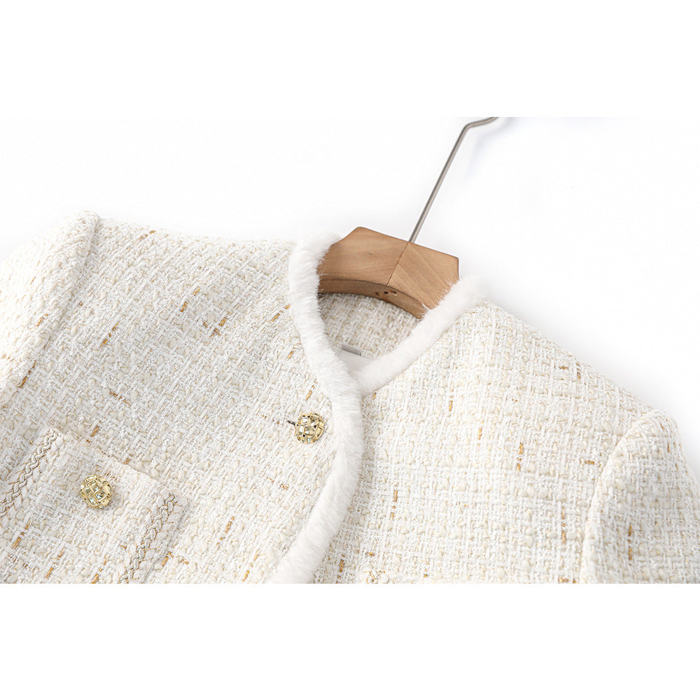 Pre Order:  White Woolen Patchwork Belted Jacket