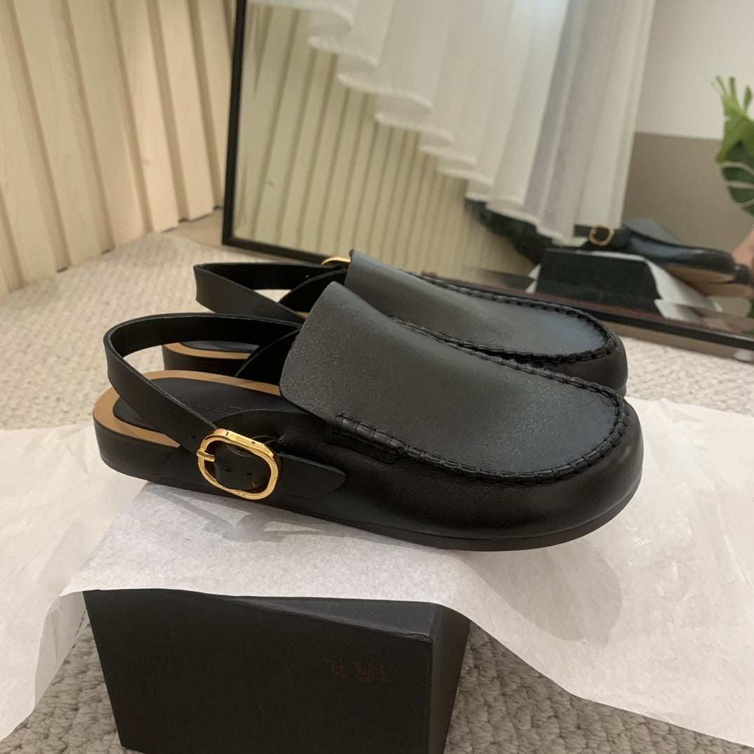 Pre Order:  Buckle Strap Big Head Leather Slippers