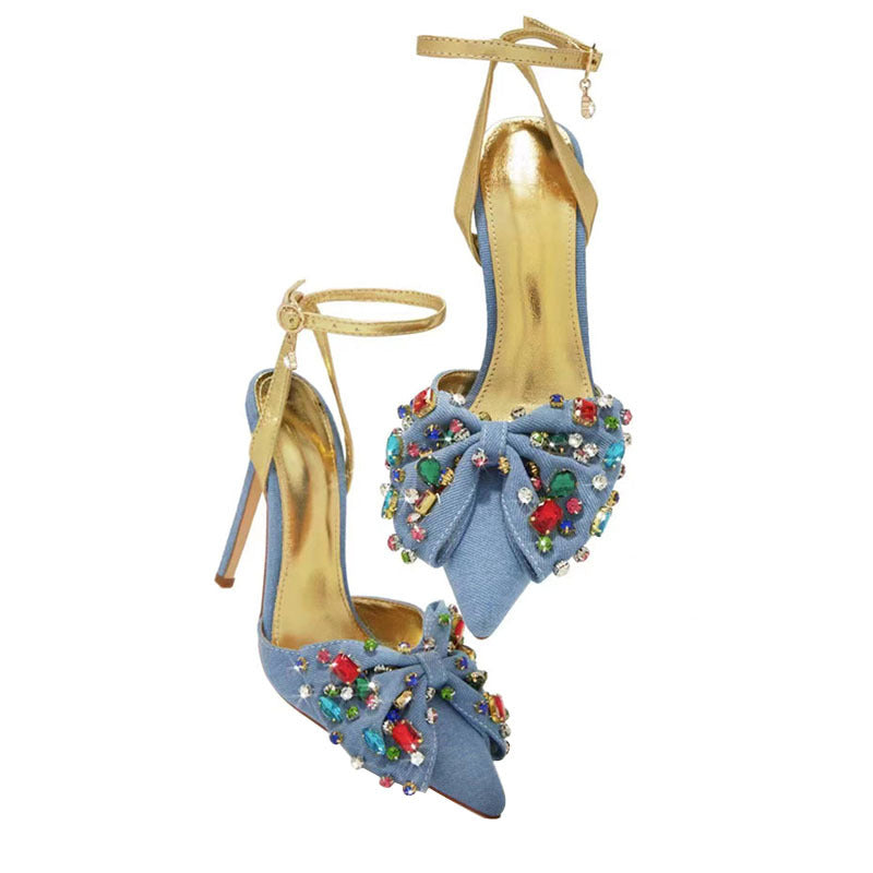 Pre Order:  Rhinestones Bowknot Denim Stilettos