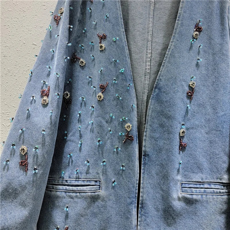 Pre Order:  Bead Studded Front Pockets Denim Jacket