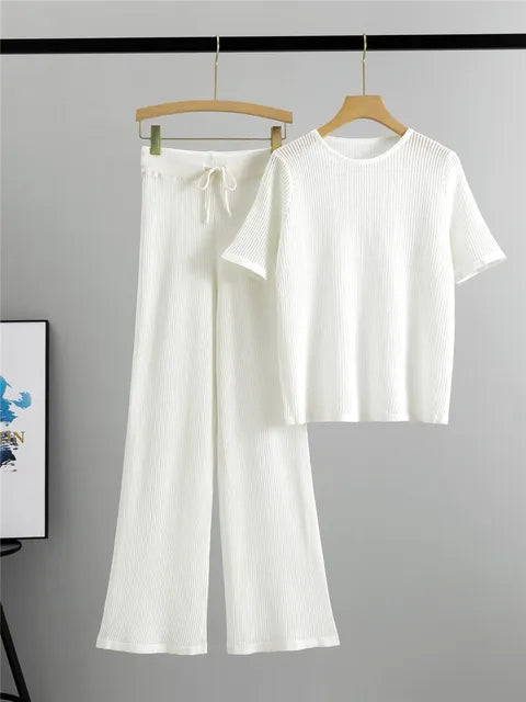 Pre Order: Semi Transparent Loose Knit T-Shirt + Wide Leg Pants Set