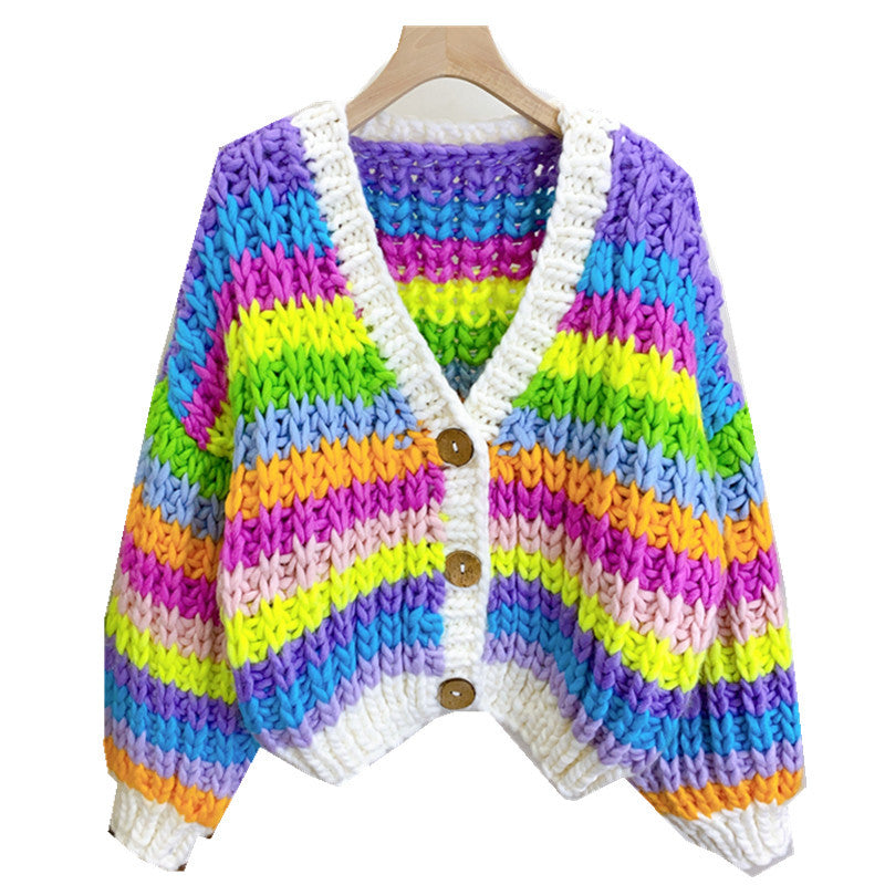 Hand Woven Rainbow Striped Cardigan