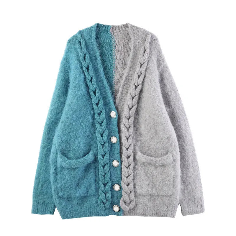 Pre Order:  Color Block Pocket Splice Thicken Knit Cardigan