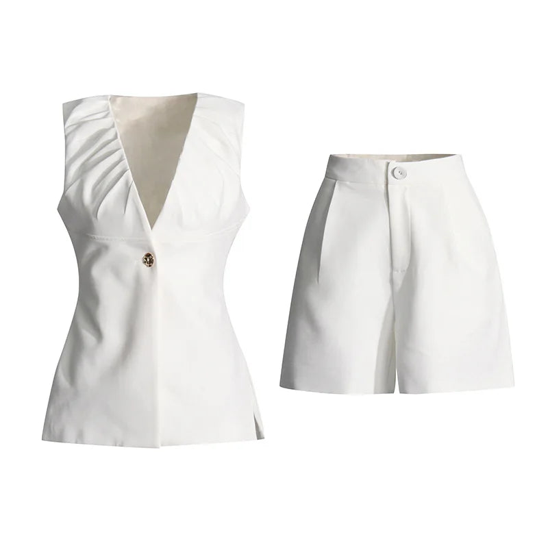 Pre Order: Waist Cinching Solid Sleeveless Pleated V-neck Vest + Shorts Set