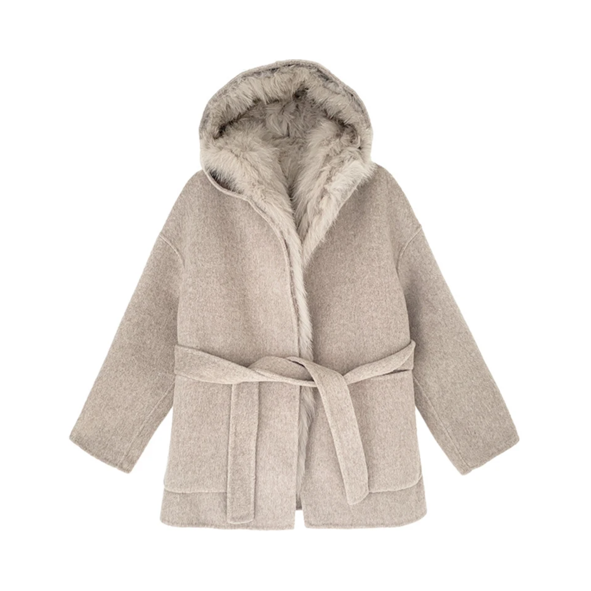 Hooded Fur Wool Belted Coat