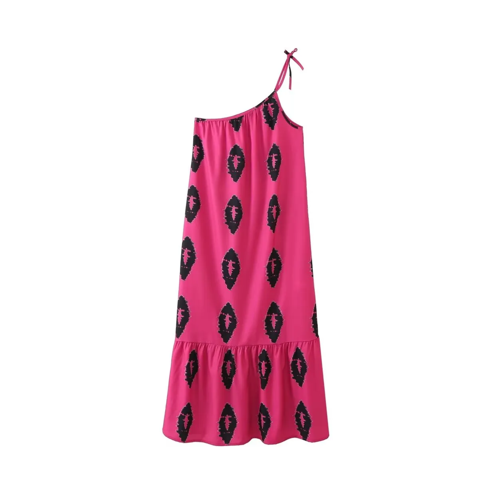 Pre Order:  Asymmetric Neckline Printed Midi Dress