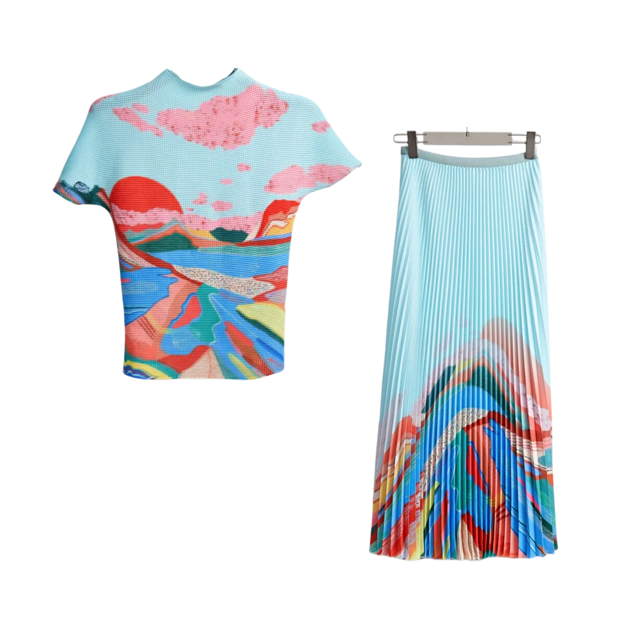 Pre Order:  Landscape Art Top+Skirt Plisse Set