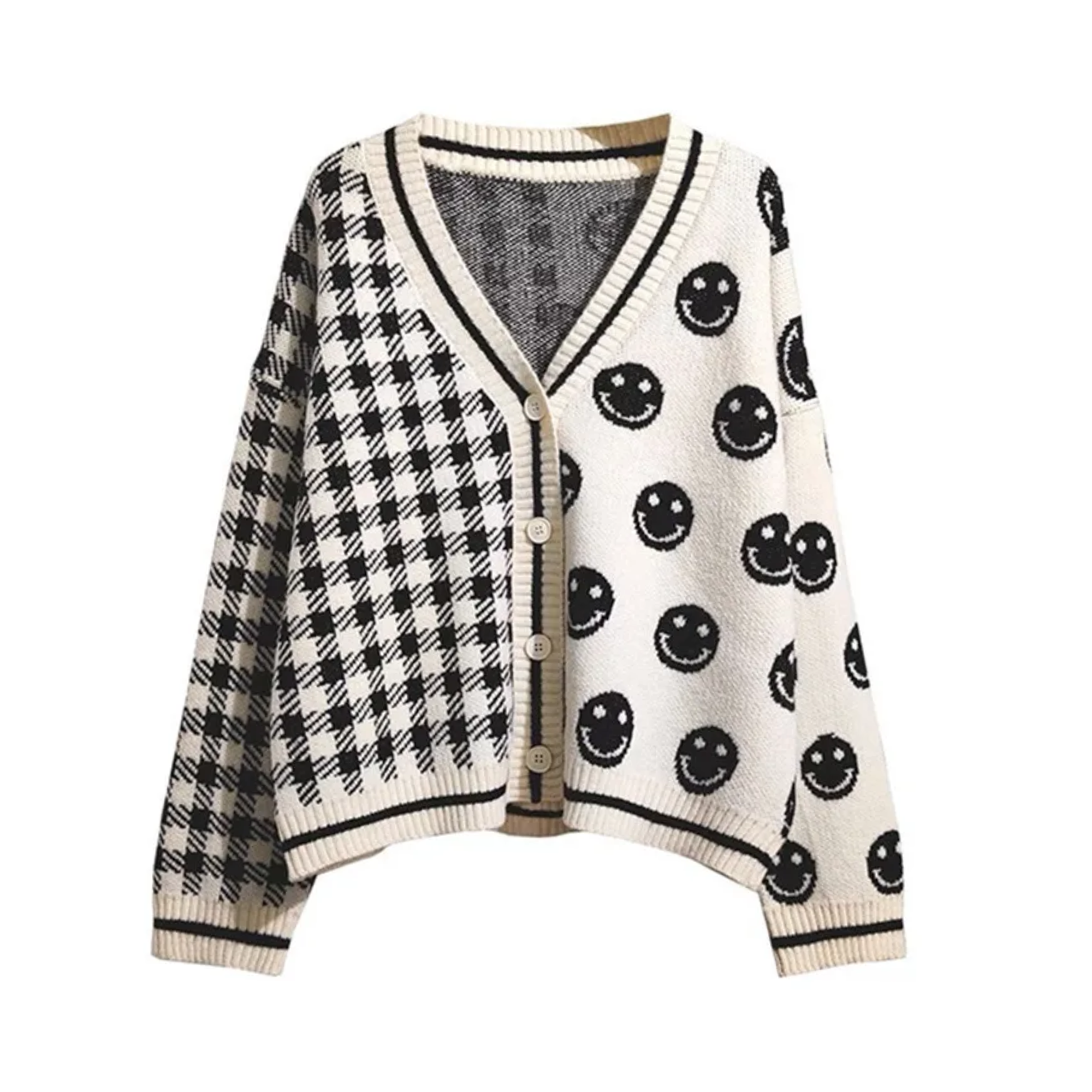 Smiley Faces Plaid Knitted Cardigan