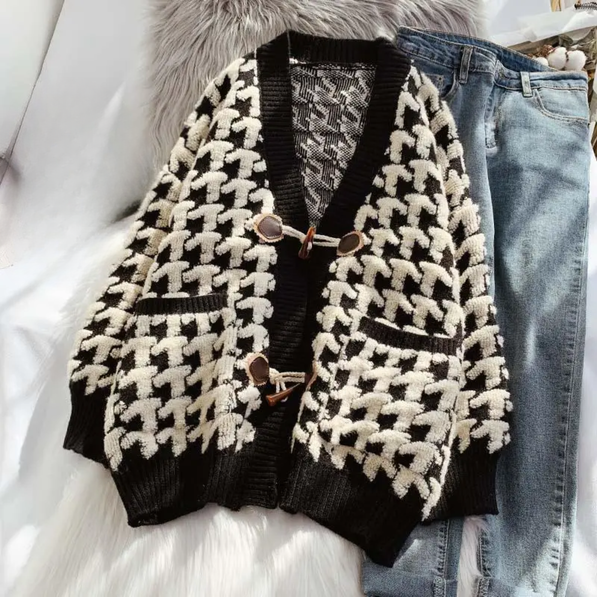 Plaid Antler Toggle Knitted Cardigan