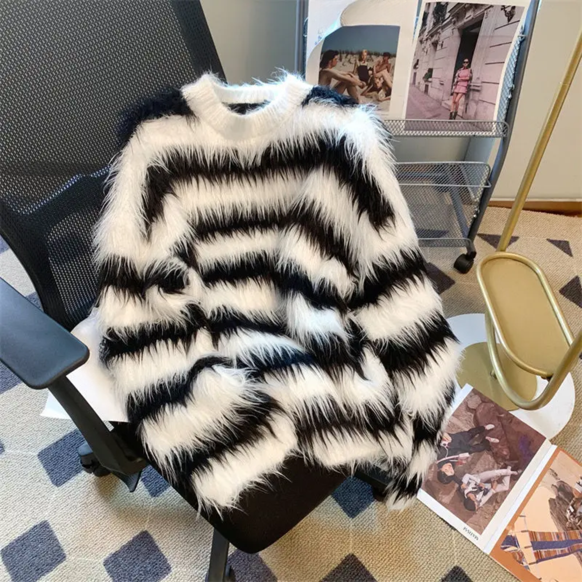 Stripes Faux Fur Loose Sweater