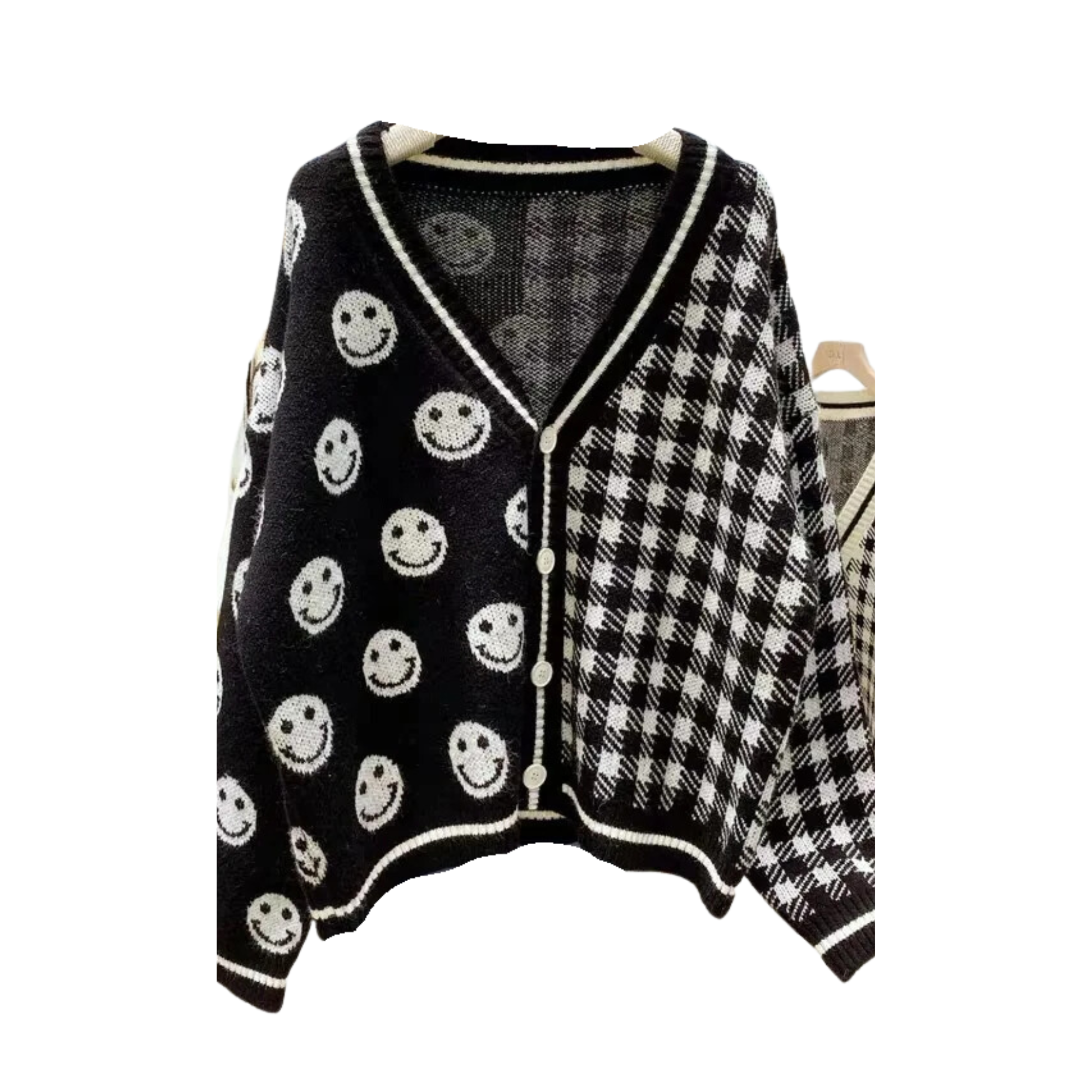 Smiley Faces Plaid Knitted Cardigan