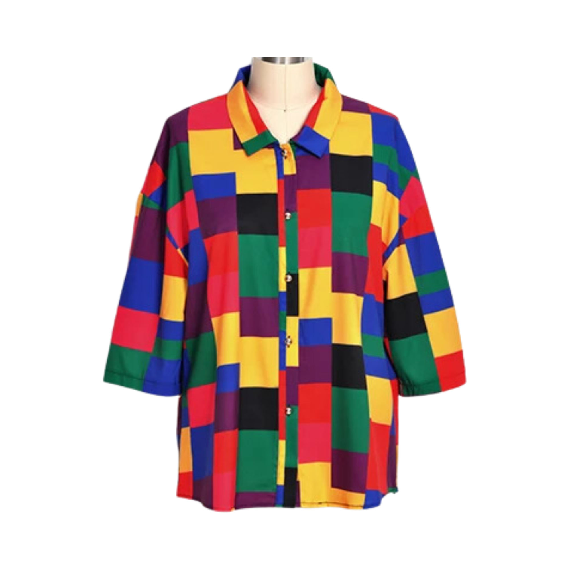 Multicolor Grids Silver Button Shirt