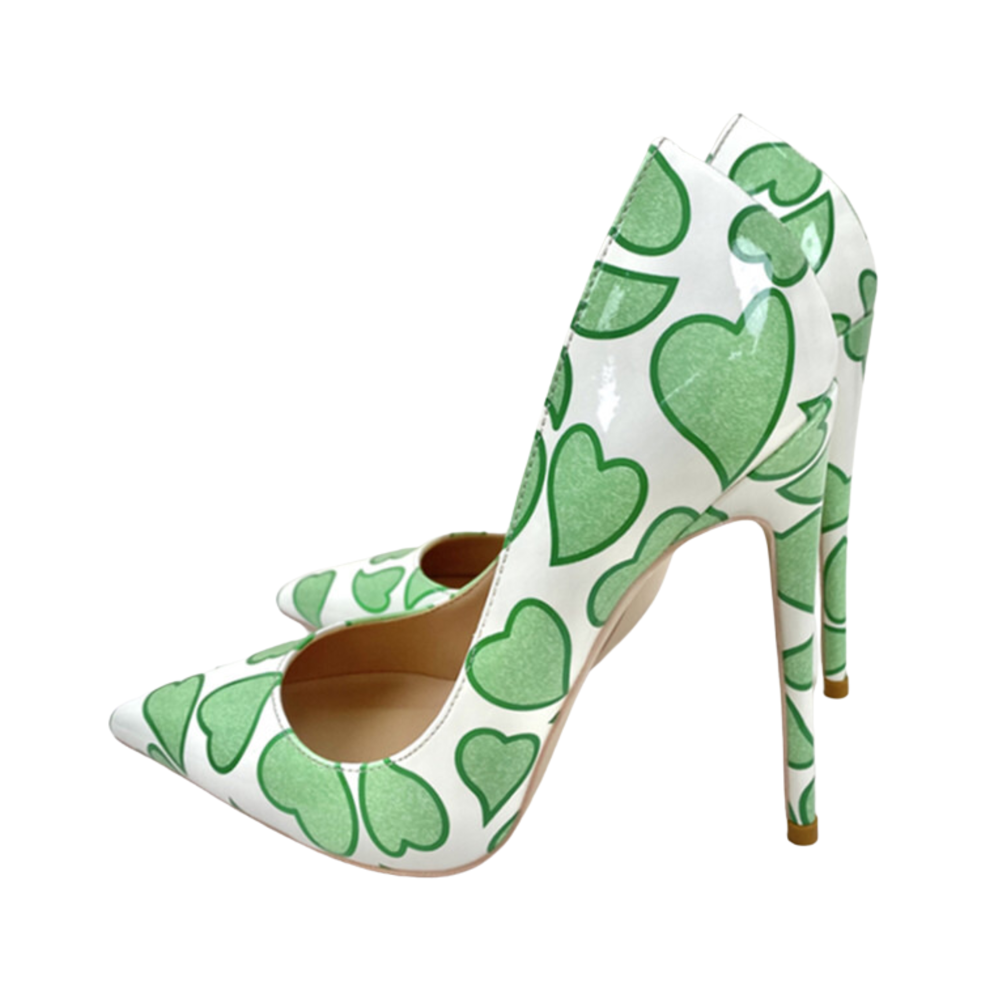 Pre Order:  Green Heart Patent Leather Pointed-Toe Shoes