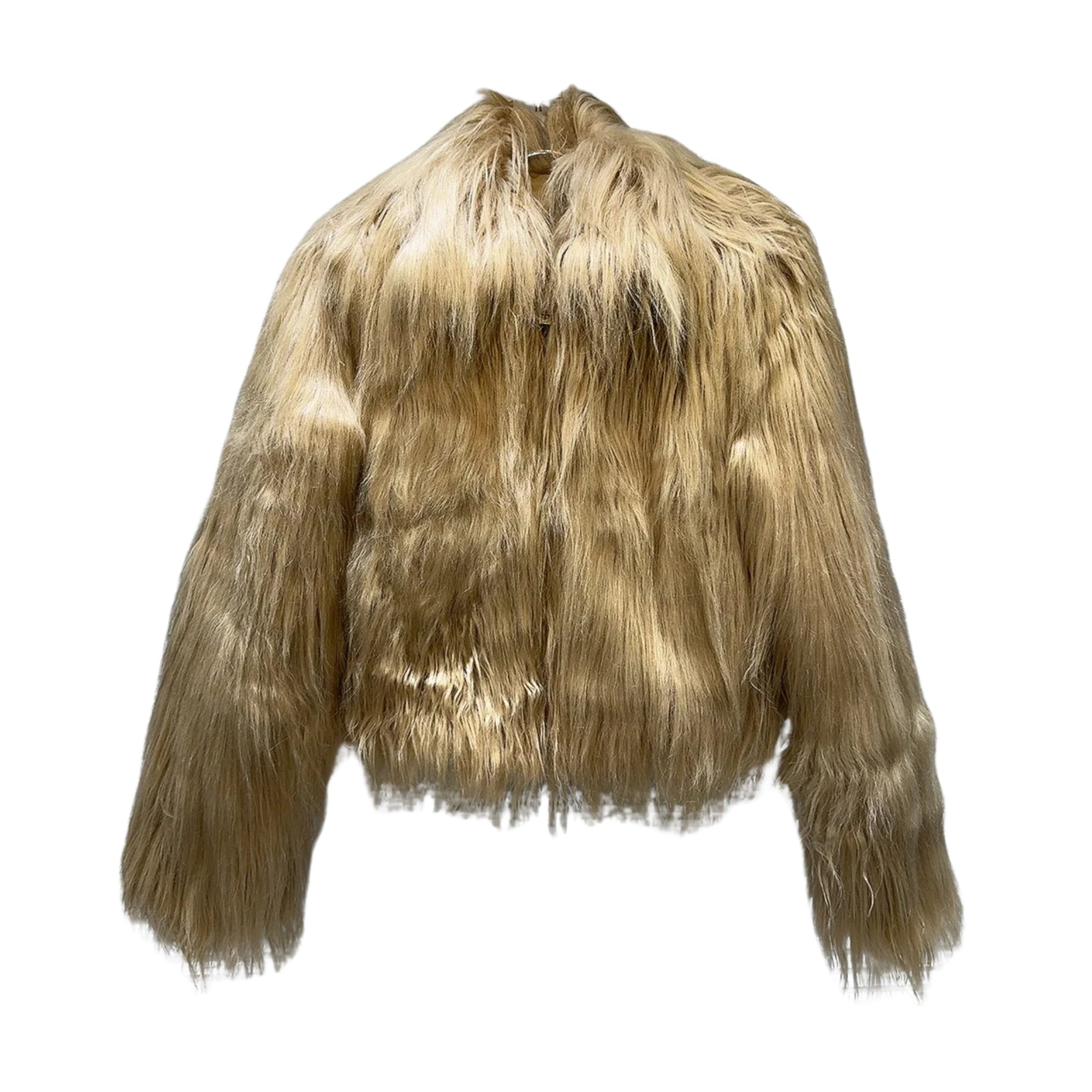 Gold Faux Fur Plush O-Neck Zipper Jacket