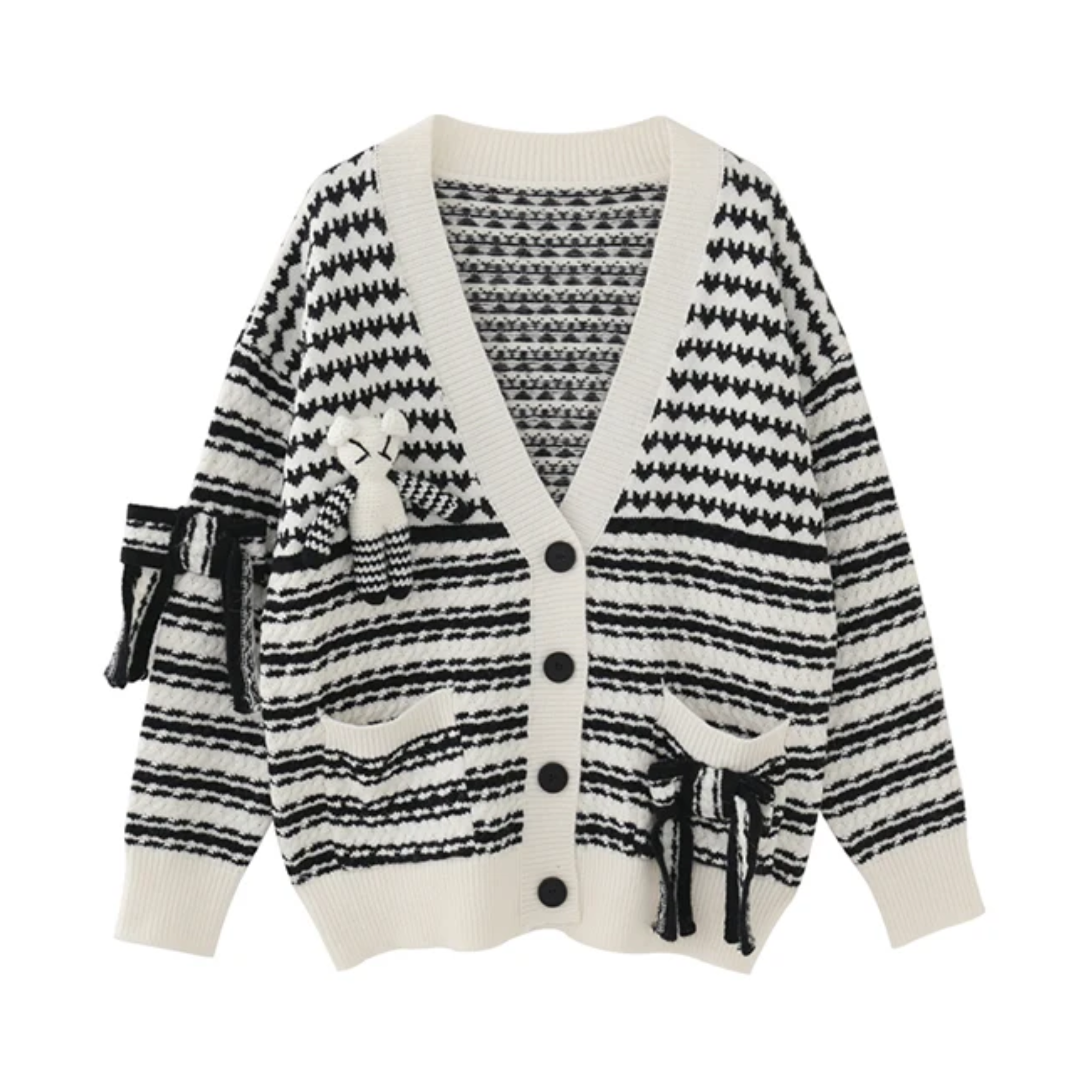 White Knitted Stripes V-Neck Cardigan Sweater