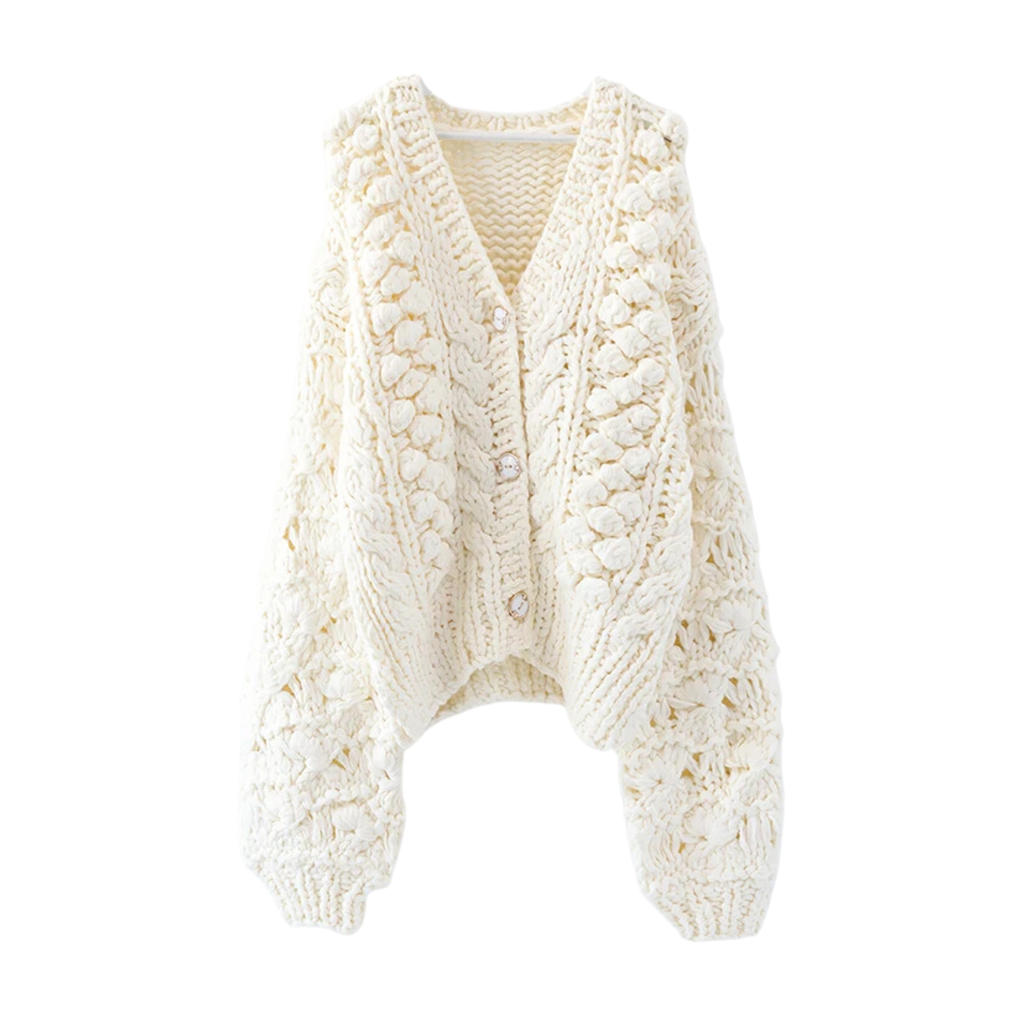 White Knitted Hollow-Out V-Neck Cardigan Sweater