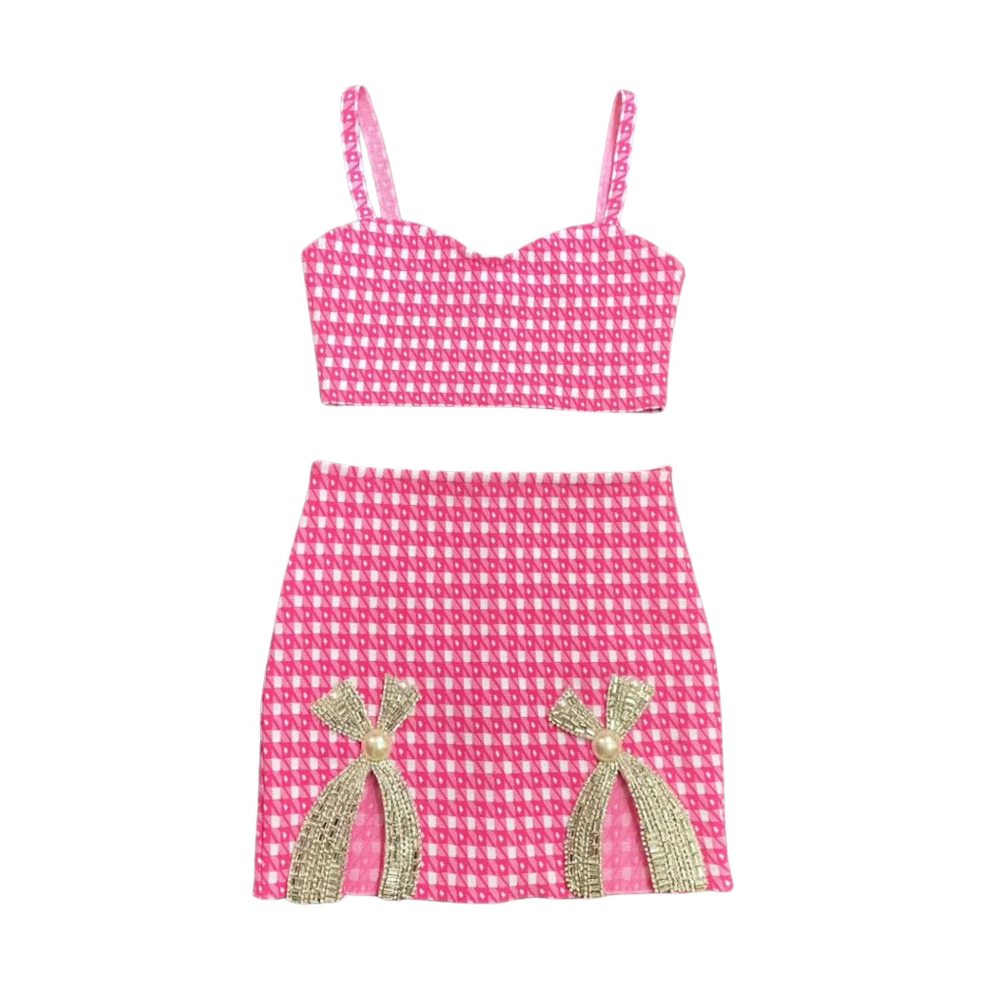 Pre Order:  Checkered Cropped Top Beaded Rhinestones Mini Skirt Set