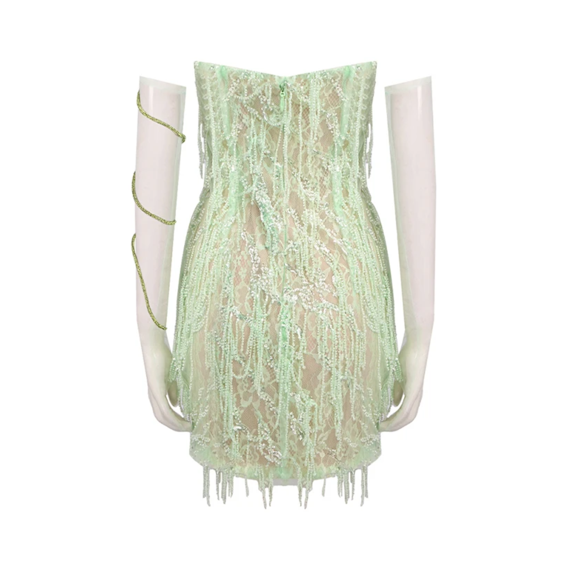 Light Green Beaded Fringe Strapless Dress
