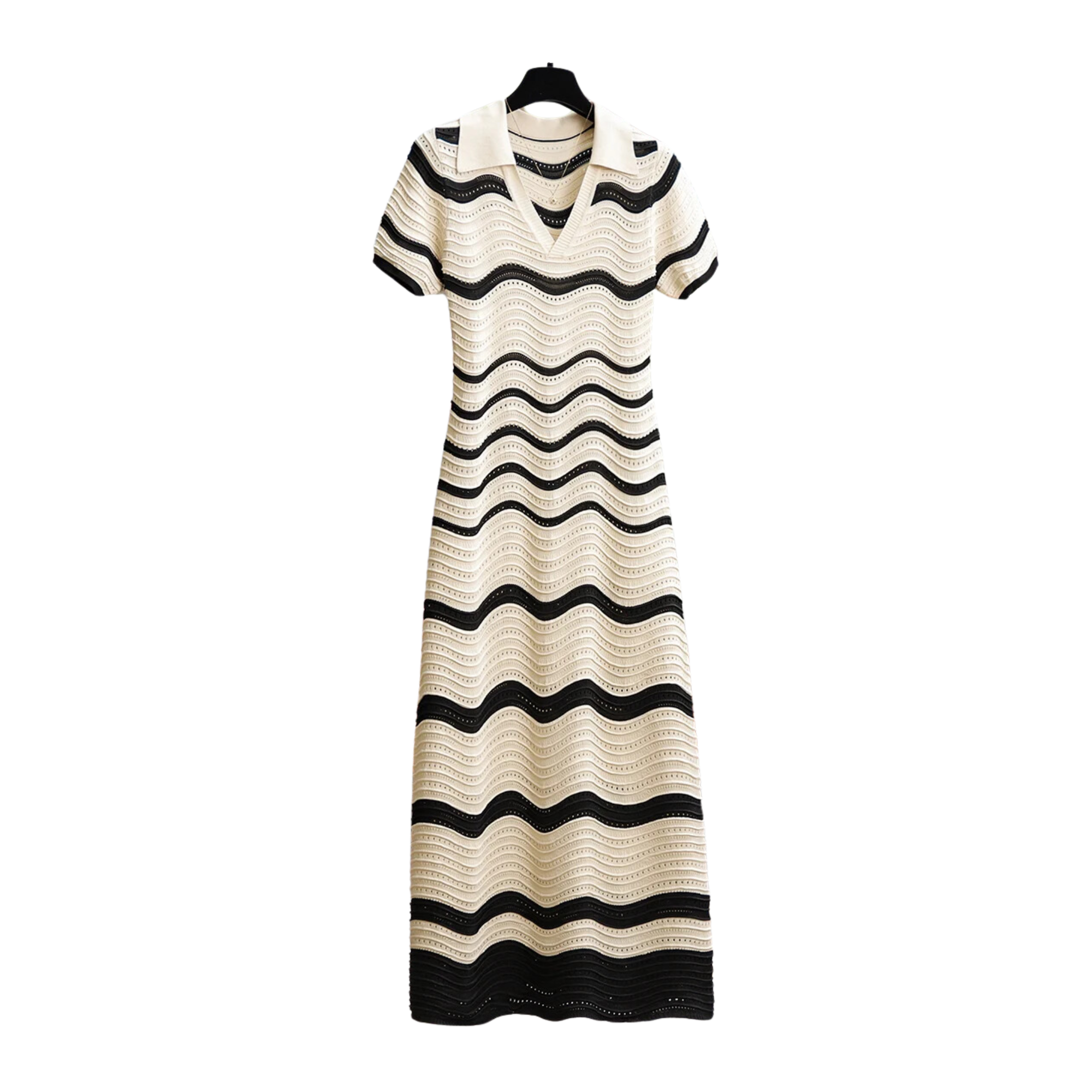 Knitted V-Neck Stripes Mid-Length Dress