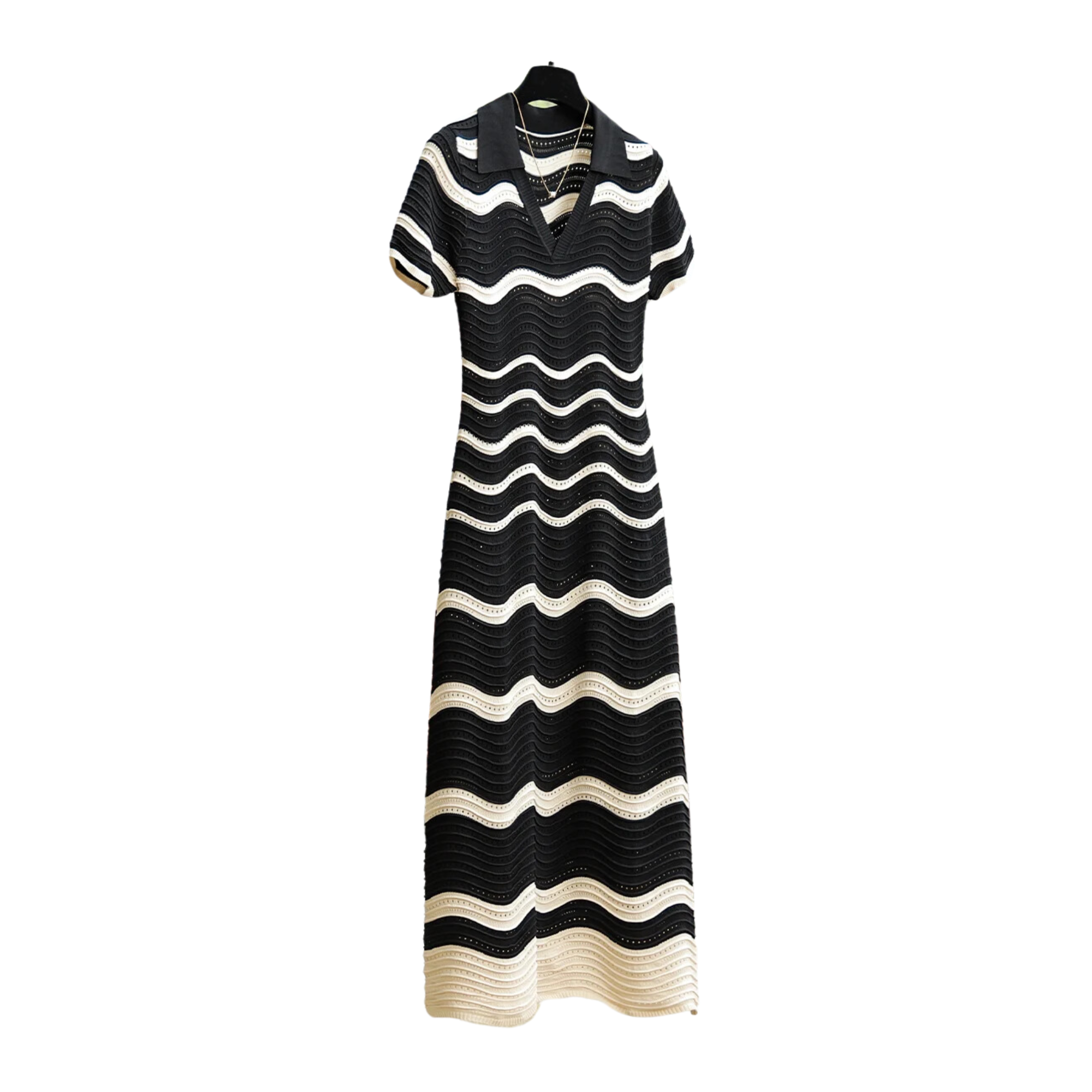 Knitted V-Neck Stripes Mid-Length Dress