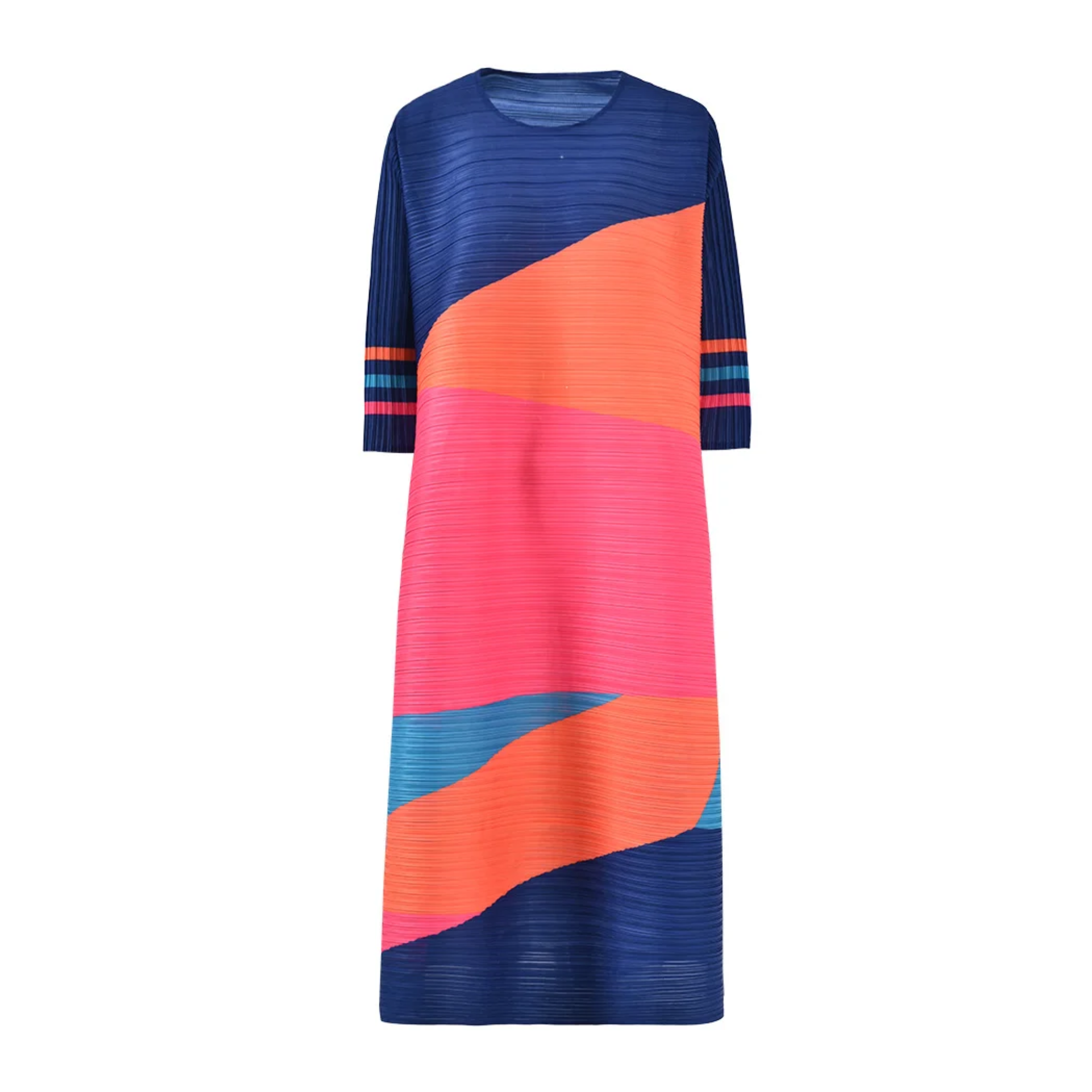 Pre Order:  O-Neck Colorblock Printed Pleated Dress