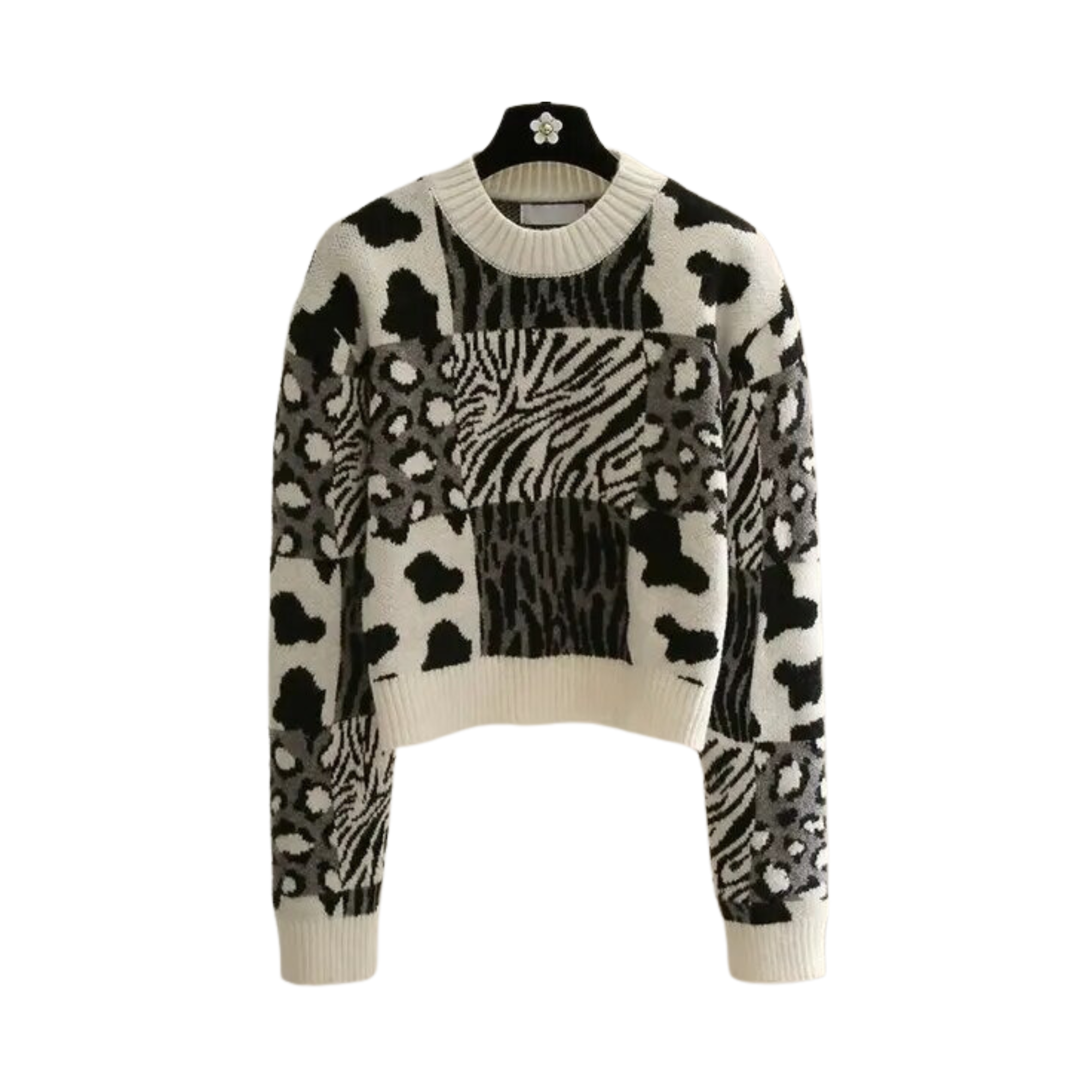 Pre Order:  Crew Neck Knitted Animal Printed Sweater