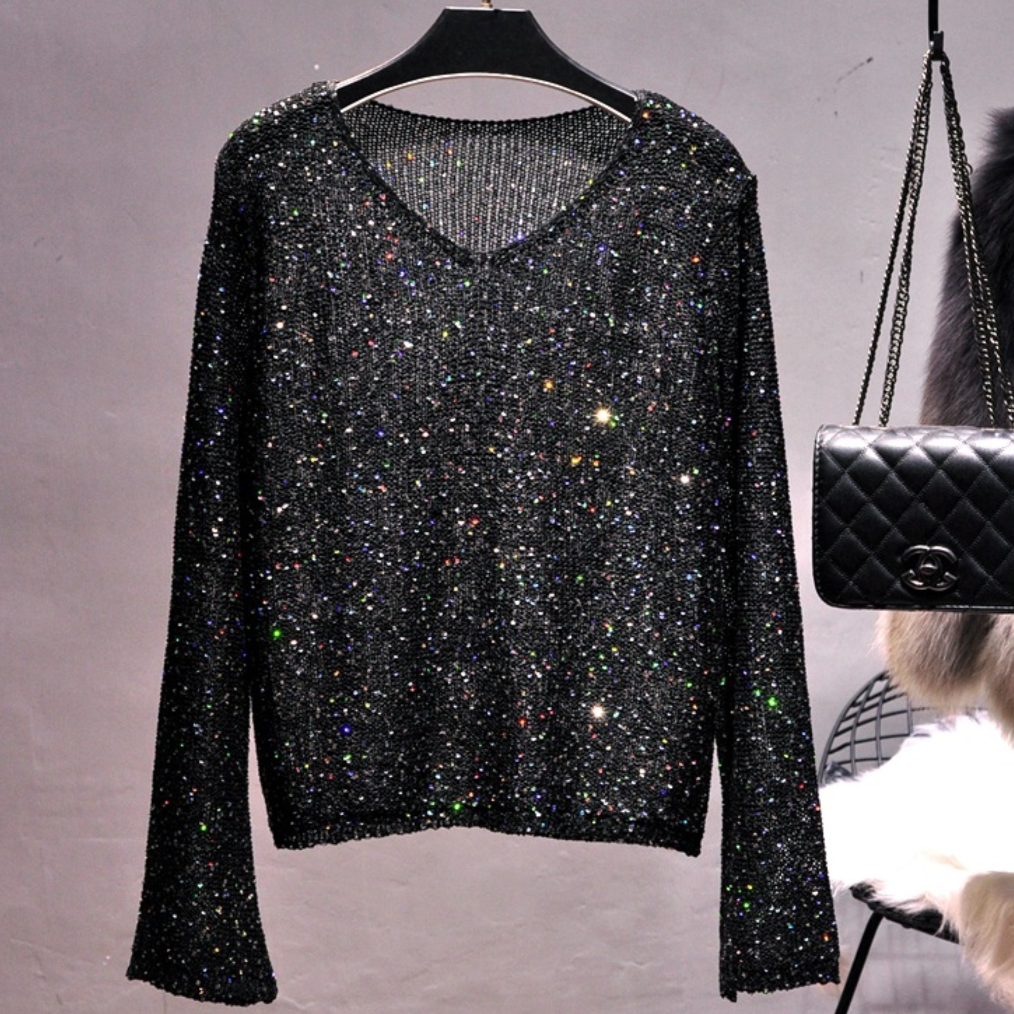 Pre Order:  Knitted Sequined Hollow-Out Sweater