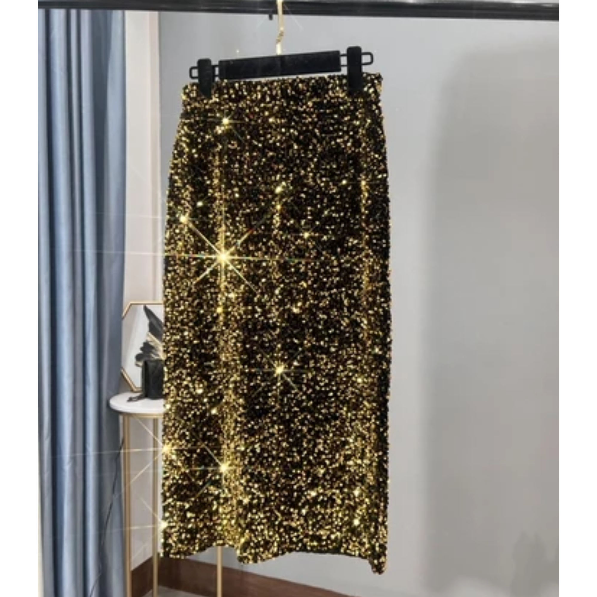 Pre Order:  Sequined Mid-Length Slit Skirt