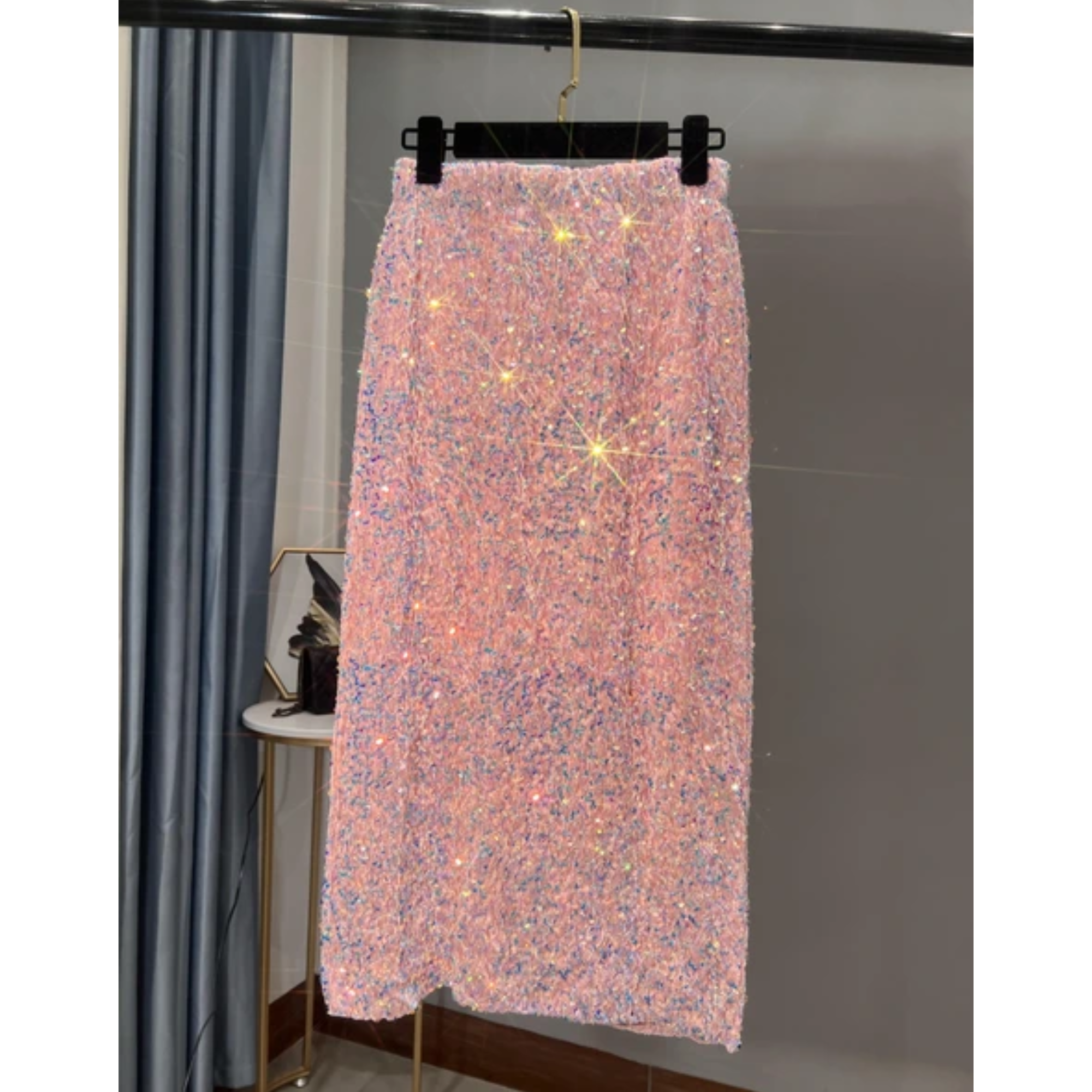 Pre Order:  Sequined Mid-Length Slit Skirt