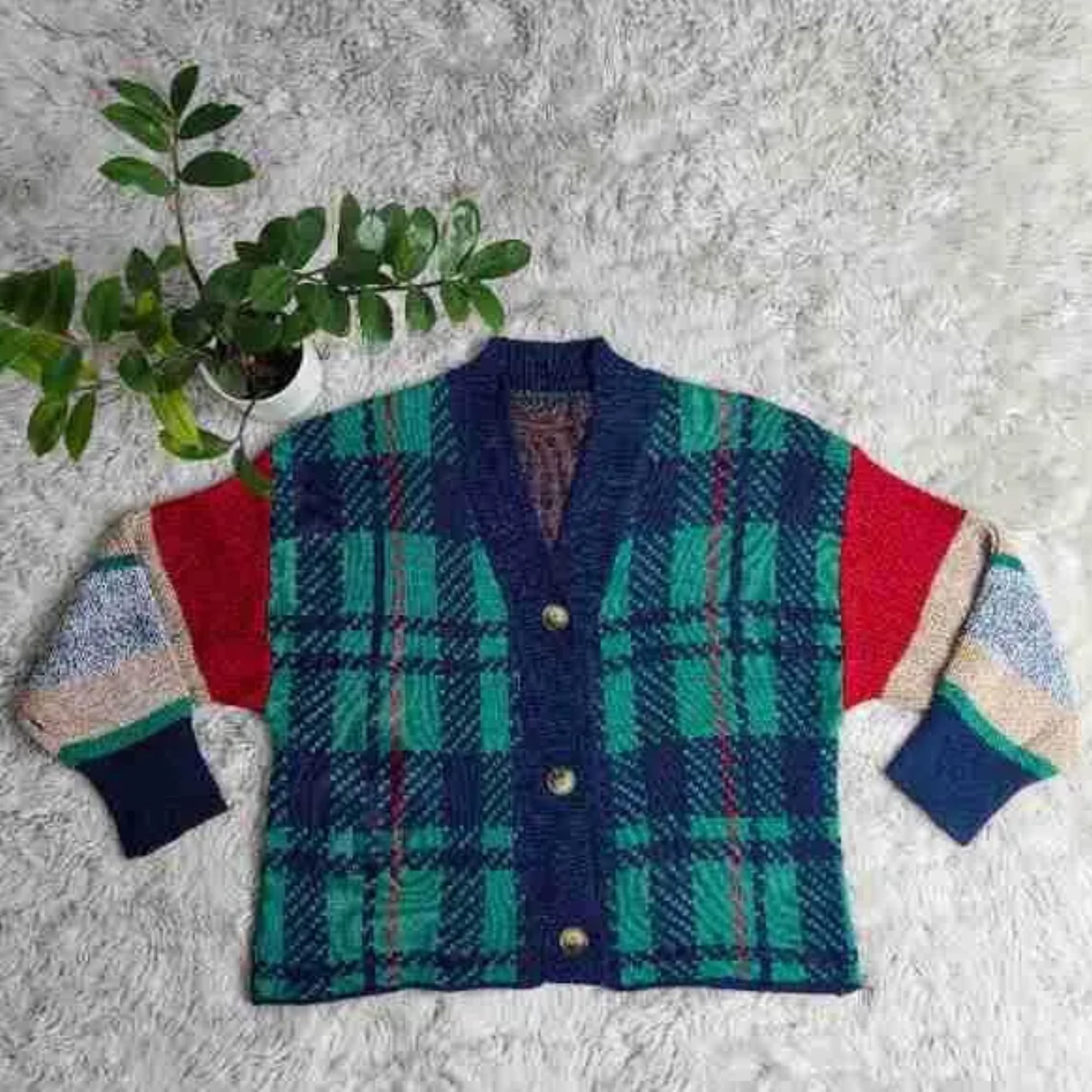 Pre Order:  Knitted Plaid Cropped Cardigan Sweater