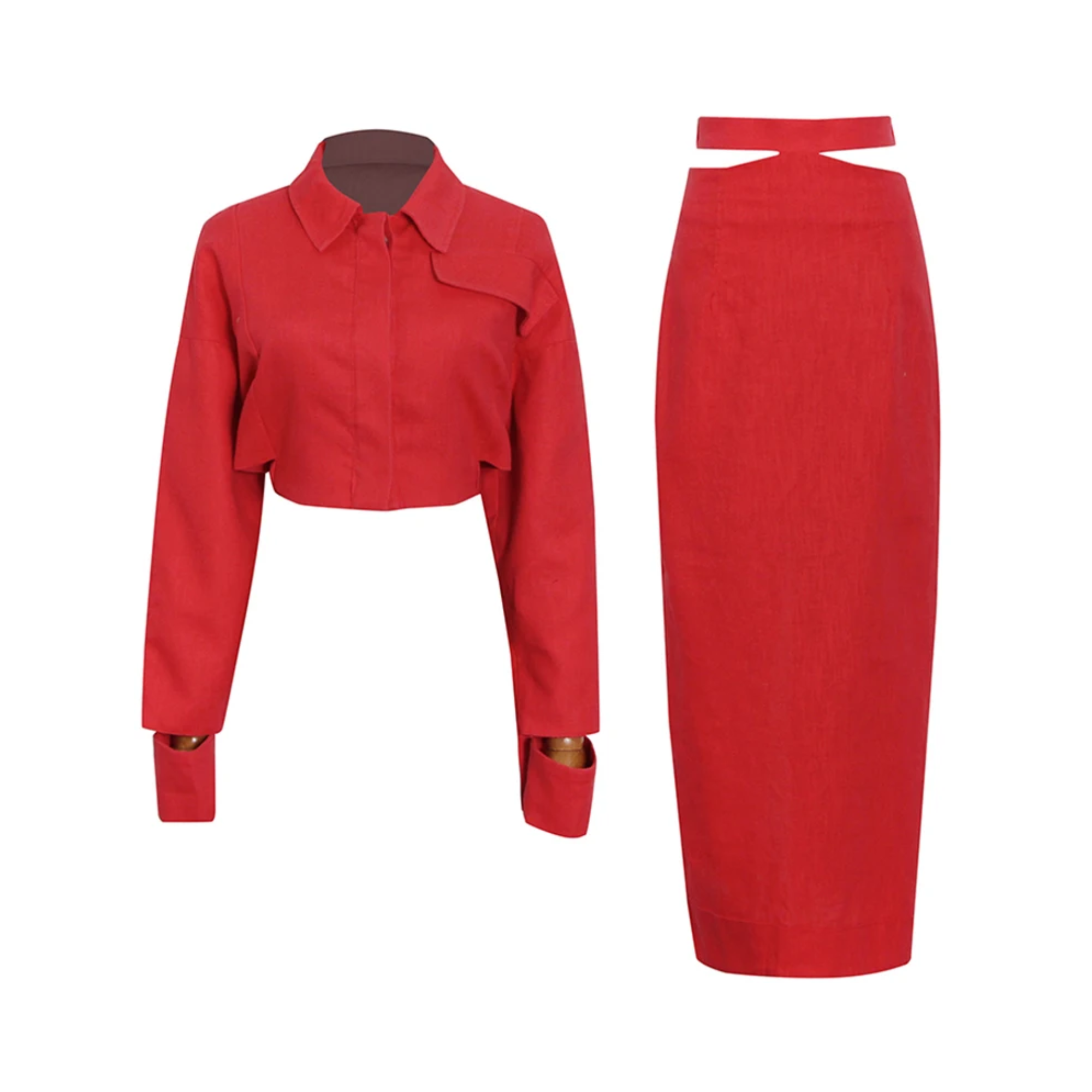 Pre Order:  Cutout Cuffs Shirt+Slim Skirt Set