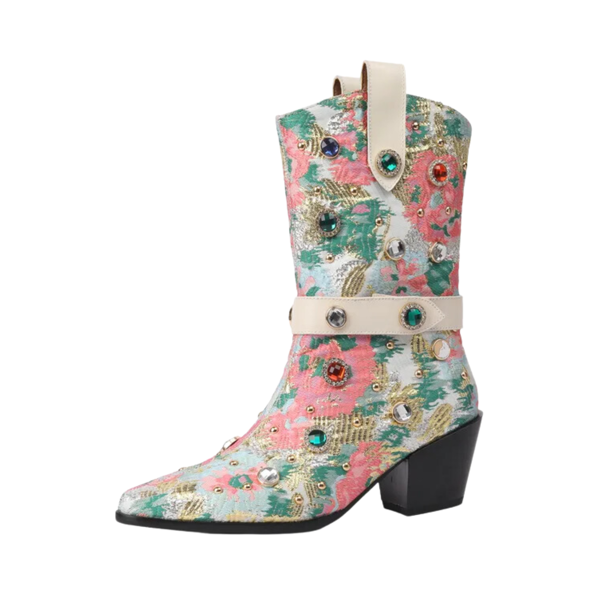 Floral Rhinestones Mid-Calf Boots