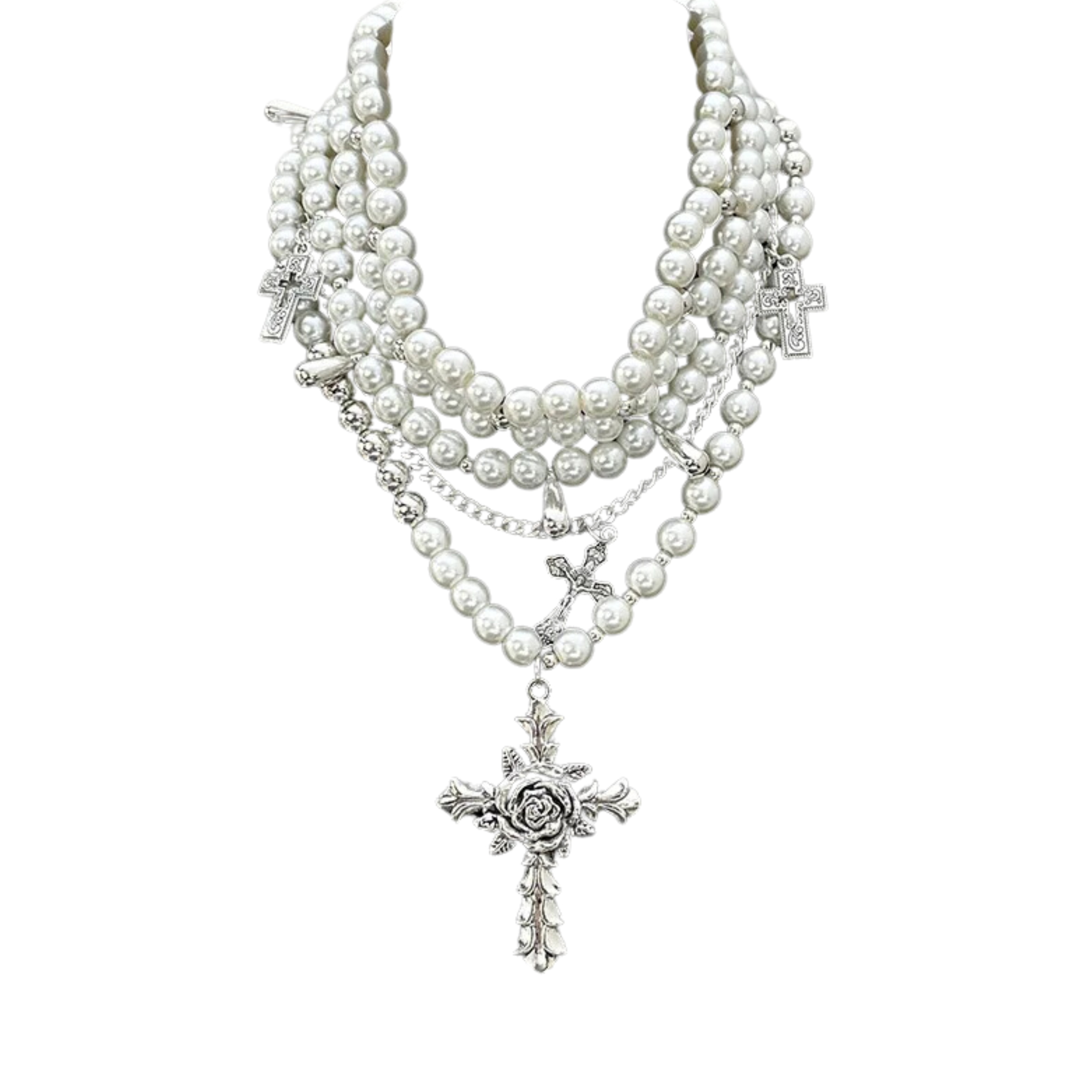 Pre Order:  Rose Cross Faux Pearls Necklace