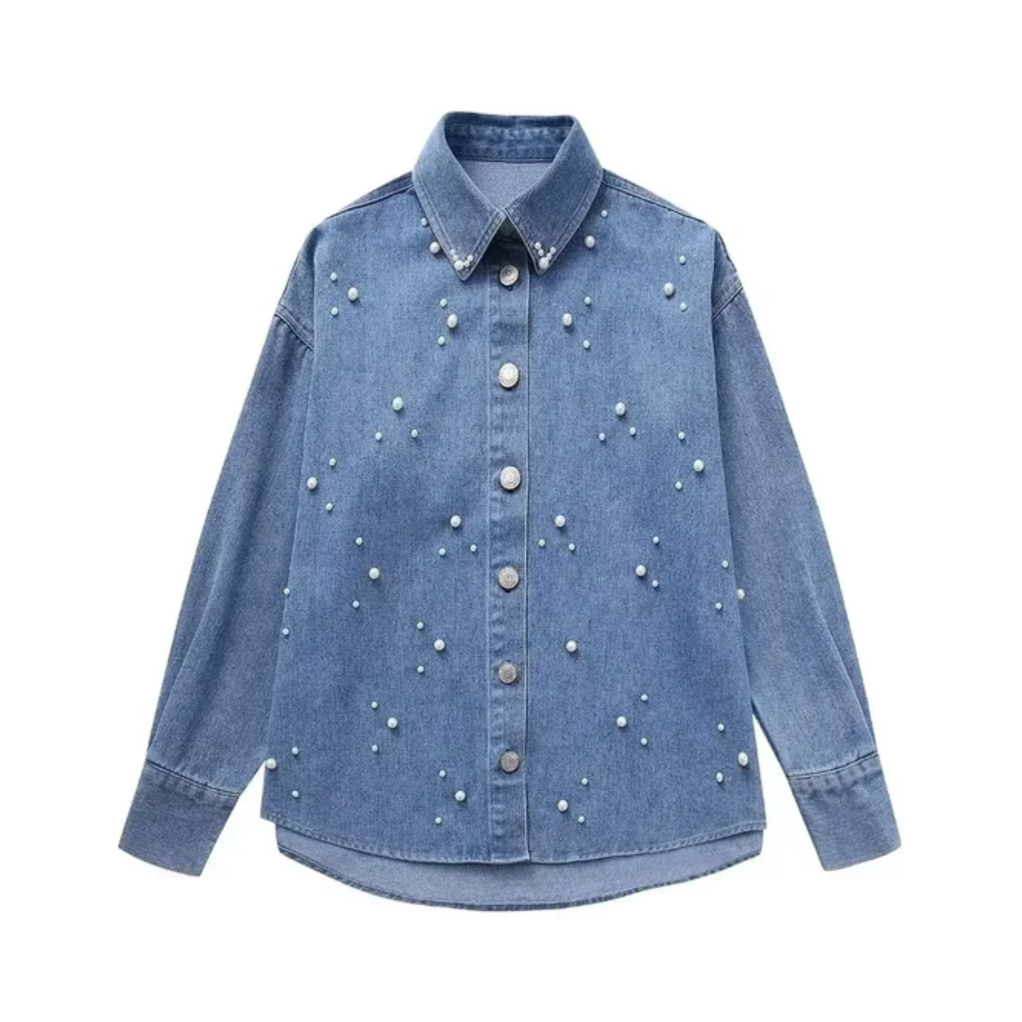 Faux Pearls Beaded Denim Shirt