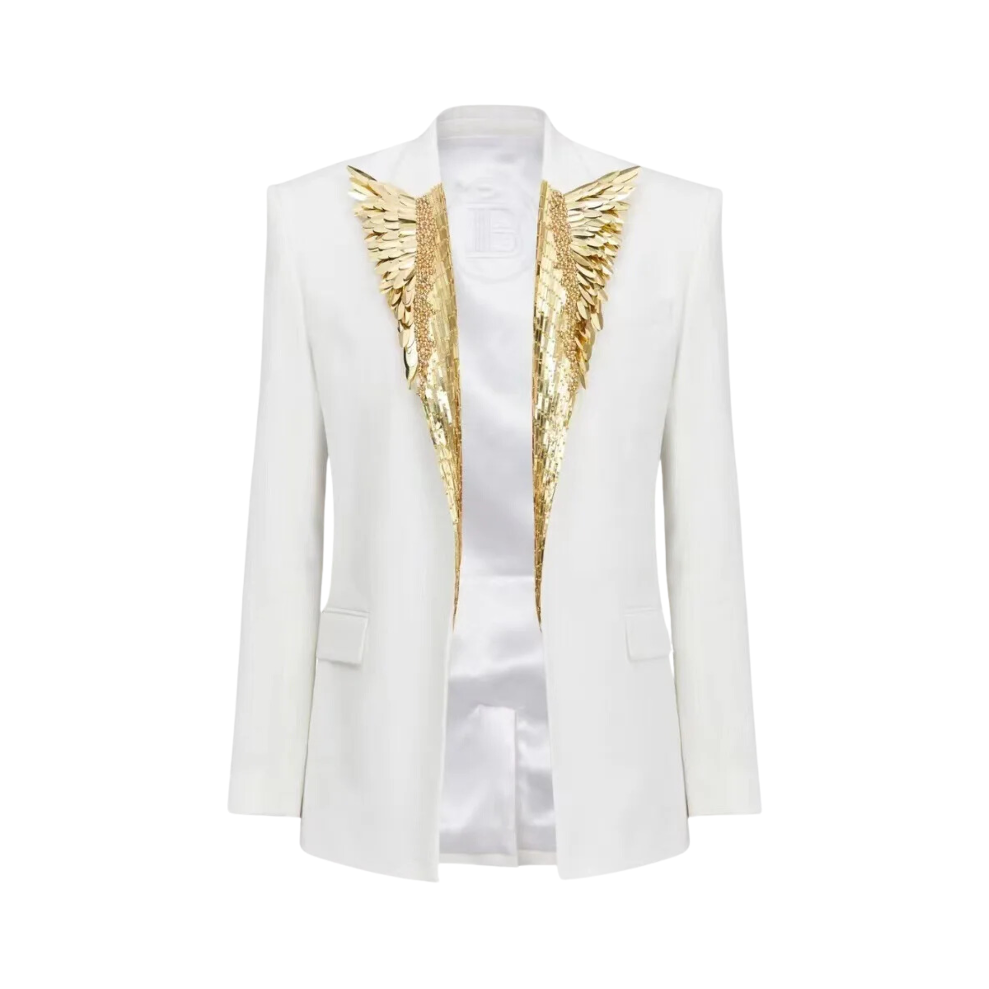 Metallic Feather Beaded Lapel Blazer