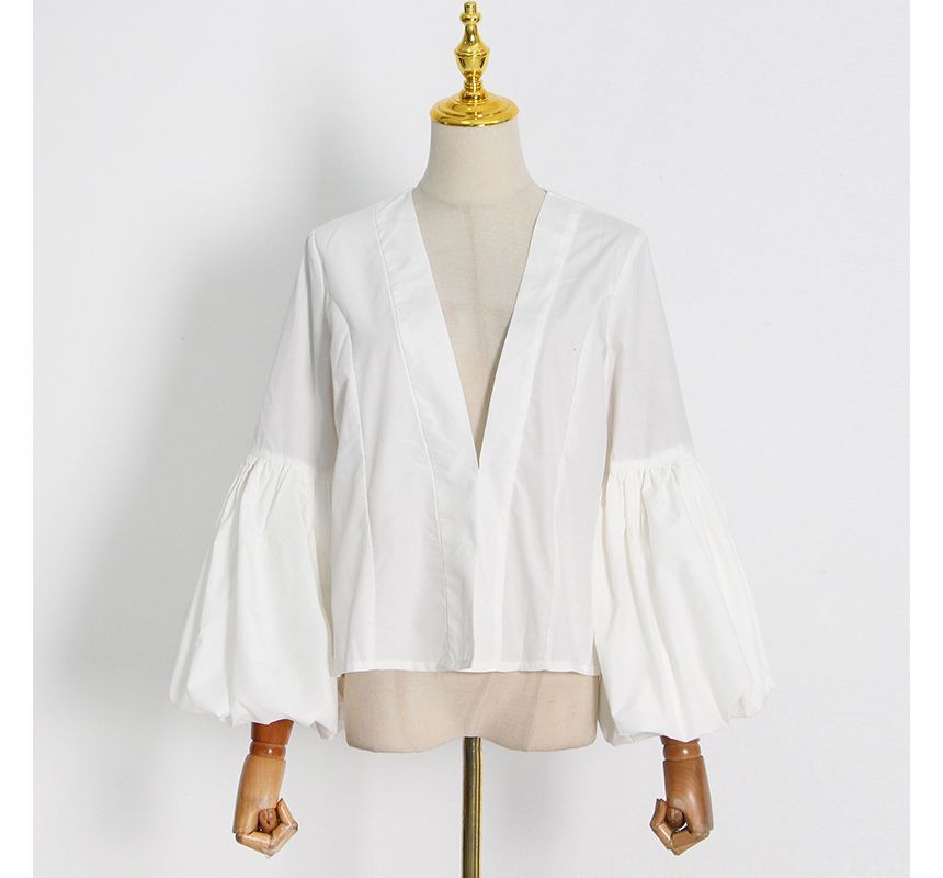 Pre Order:  Vintage White V-Neck Puff Sleeve Single-Breasted Top