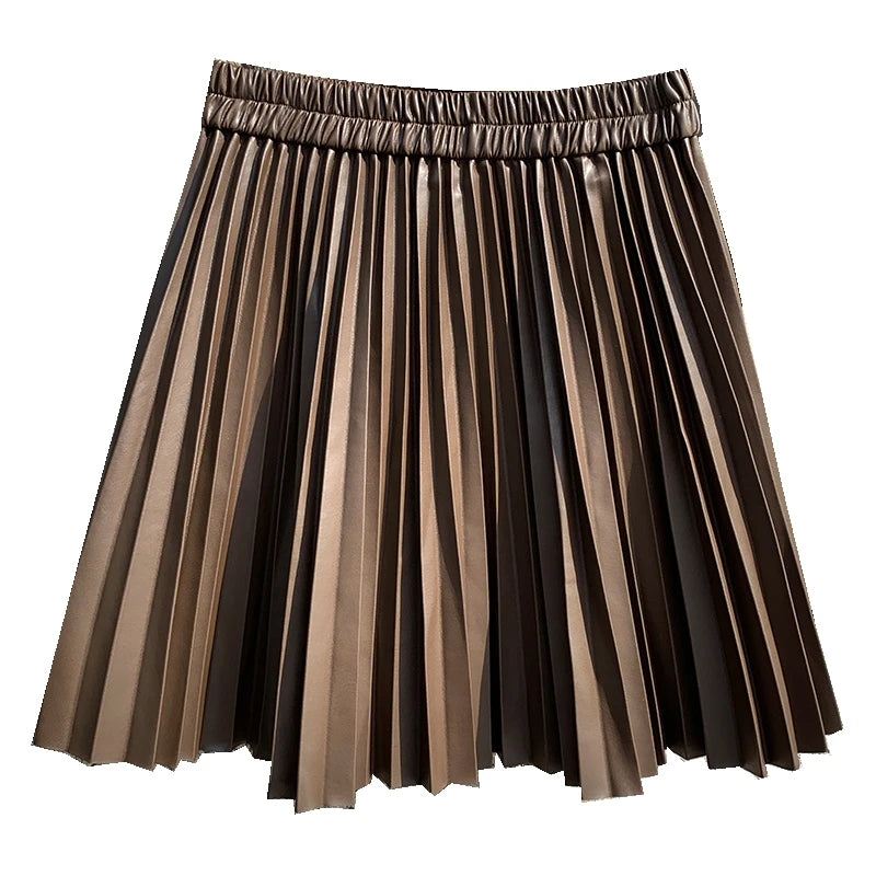 Chic Solid Pleated Leather Mini Skirt