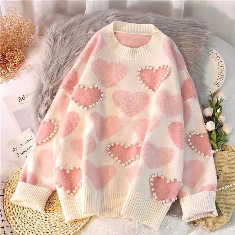 Pre Order:  Knitted Heart Print Beaded Sweater