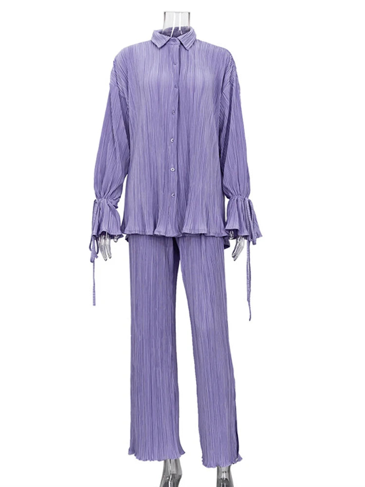 Pre Order:  Solid Color Pleated Long Sleeved Cardigan Shirt + Pants Set