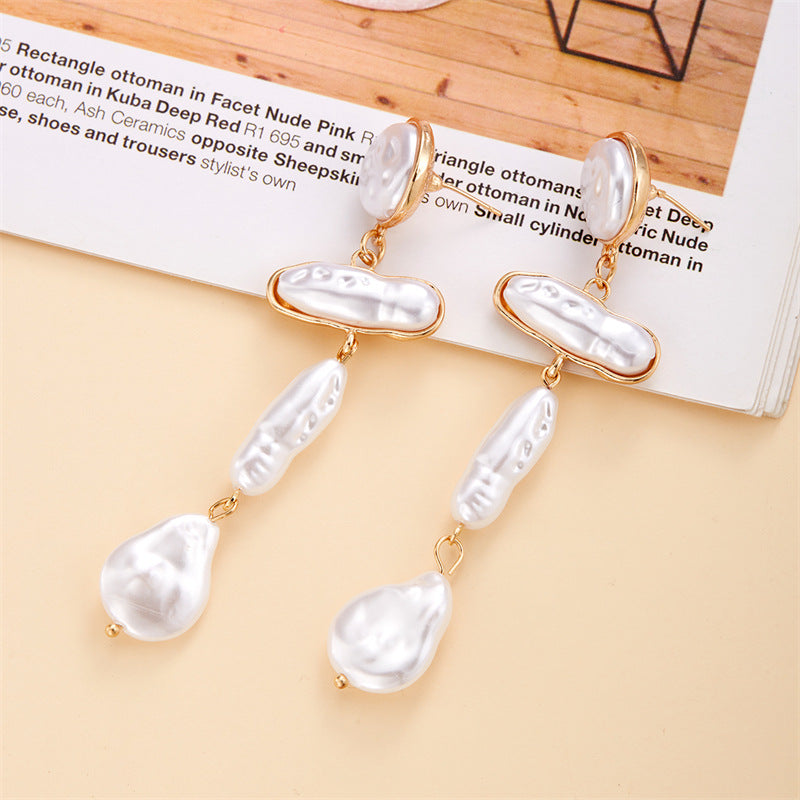 Pre Order:  Retro Irregular Oval Pearl Tassel Earrings