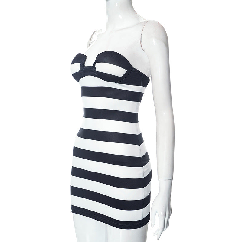 Strapless Chest Wrapped Striped Dress