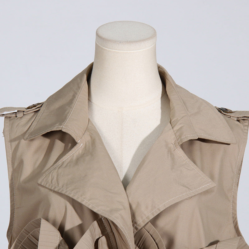 Khaki V-Neck Pleated Sleeveless Top - Final Sale