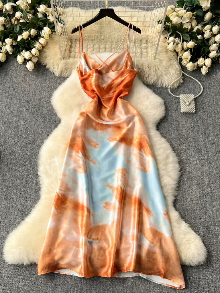 Pre Order:  Orange Tie-Dye Cross Backless Side Zipper Midi Dress