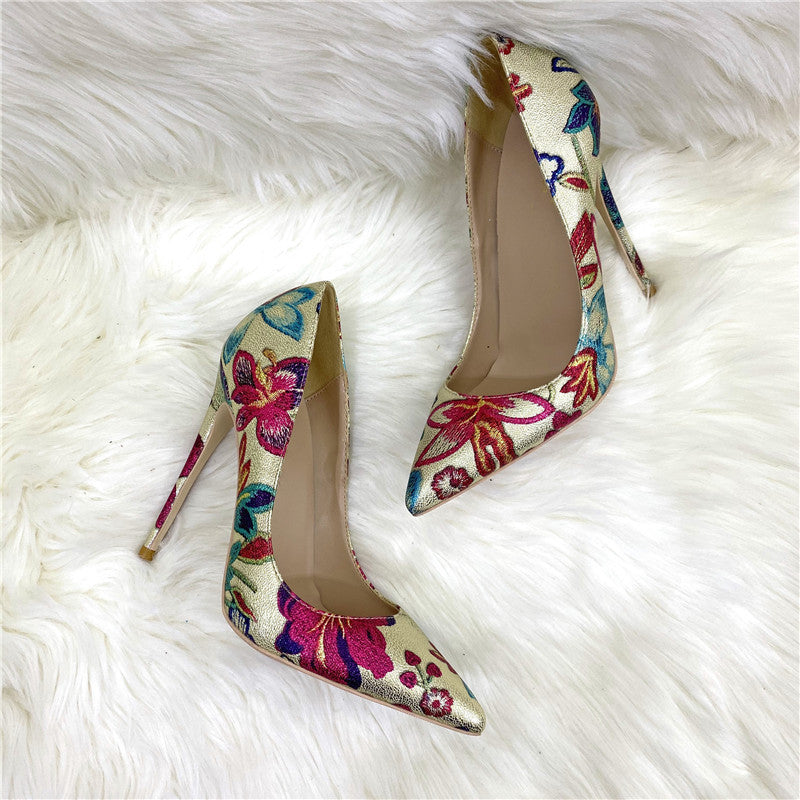 Pre Order:  Gold Embroidered Flower Pointed-Toe Shoes