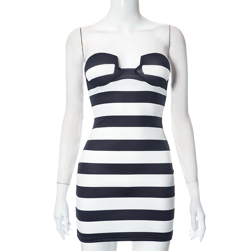 Strapless Chest Wrapped Striped Dress