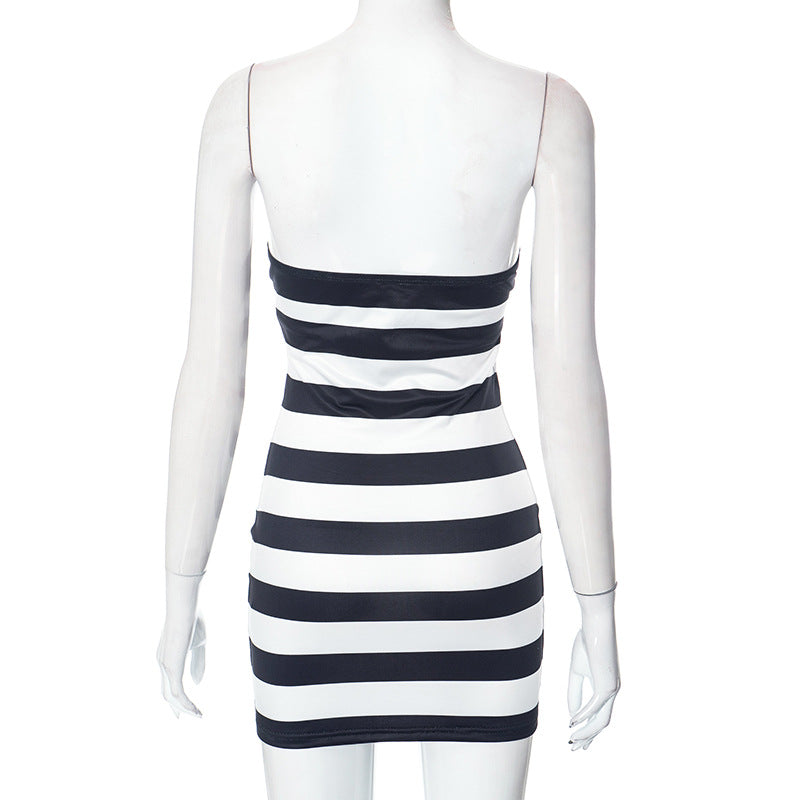 Strapless Chest Wrapped Striped Dress